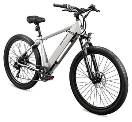 Schwinn Marshall Electric Hybrid Bike for Adults, Step-Though and Step-Over Aluminum Frame, 250W Motor, Removable Battery, 7-Speed, 27.5-Inch Wheels, Head and Tail Lights.