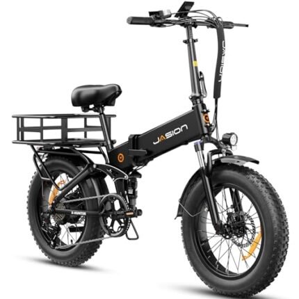 Jasion X-Hunter Electric Bike for Adults 1400W Peak Motor 30MPH Max Speed 624WH Removable Battery, Full Suspension System 20‘’*4.0 Fat Tire Foldable Ebike 7-Speed Bicycles,with Rear Basket.