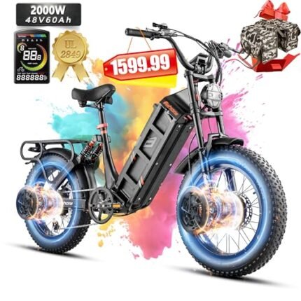 Juliet III Electric Bike for Adults Dual Motor 2000W 33MPH 48V 60Ah 100-200 Miles Long Range Electric Bicycle 20"*4.0 Fat Tires E-Bike Full Suspension Electric Mountain Bike with Colorful Display.