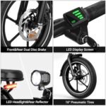 16" Folding Electric Bike Adults, Peak 630W Adult Electric Bicycles, Up to 25 MPH and 35 Miles Foldable Ebikes, Electric Bike for Teens with 36V 8Ah Removable Battery, Dual Disk Brake. - Image 4