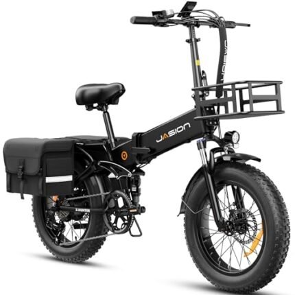 Jasion X-Hunter Electric Bike for Adults,1400W Peak Motor 30MPH Max Speed 48V 13AH Removable Battery, Full Suspension Design 20''*4.0 Fat Tire 7-Speed Bicycles with Front Basket and Saddle Bag.