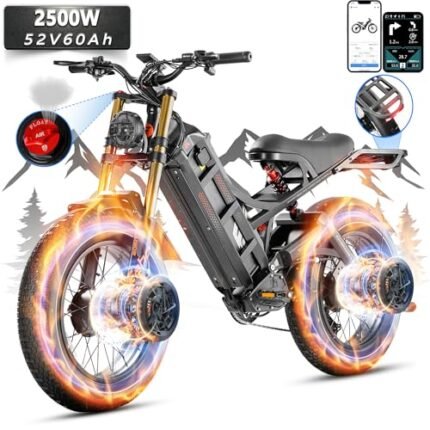 Romeo Ⅱ/Pro 2500/1200W Electric Bike for Adults 40/34Mph, 52/48V 60Ah Long Range Ebike 100-200Miles, 20 * 5.0"/26 * 4.0" Fat Tire Electric Mountain Bike Full Suspension, UL2849 Certified
