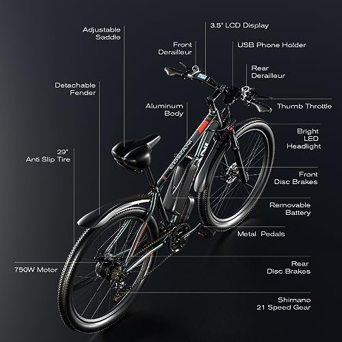 Version 1.0.0 Electric Bike for Adults, 29" Ebike with Peak 1000W Brushless Motor, 34MPH 17.5Ah 840Wh Electric Mountain Bike, 70 Miles Electric Bicycle for Commuter, Lockable Front Fork Suspension, 21-Speed Gears. - Image 6