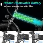 PASELEC Electric Bikes for Adults Folding Electric Bicycle 750W Motor Ebike 20''*4.0'' Fat Tire Mountain e-Bike with 48V 12Ah Removable Battery,7 Gears Foldable E Bike for Adults (Dark Green). - Image 3