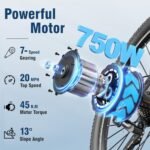 Jasion Electric Bike for Adults -750 W Peak Motor, 480 WH Removable Battery Bicycle with Twist Throttle, Dual Disc Brake, 7-Speed Ebike, Max 20 MPH, 5 PAS Levels, Front Suspension 27.5 Inch Tires. - Image 3