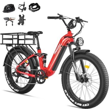 FREESKY Electric Bike for Adults 1000W/1600W Brushless Motor 48V 20 AH Battery Ebike, 26''*4.0 Fat Tire Step-Thru E-Bike, Full Suspension Electric Bicycle for Women with Rear Basket.
