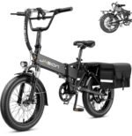 Jasion EB7 2.0 Electric Bike for Adults, 1200W Peak Motor 28MPH Max Speed Folding Ebike, 48V 10AH Removable Battery, 20" Fat Tire with Dual Suspension, 7-Speed Electric Bicycles, with Black Saddlebag.