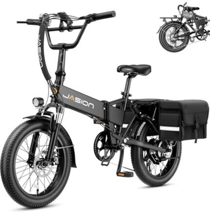Jasion EB7 2.0 Electric Bike for Adults, 1200W Peak Motor 28MPH Max Speed Folding Ebike, 48V 10AH Removable Battery, 20" Fat Tire with Dual Suspension, 7-Speed Electric Bicycles, with Black Saddlebag.