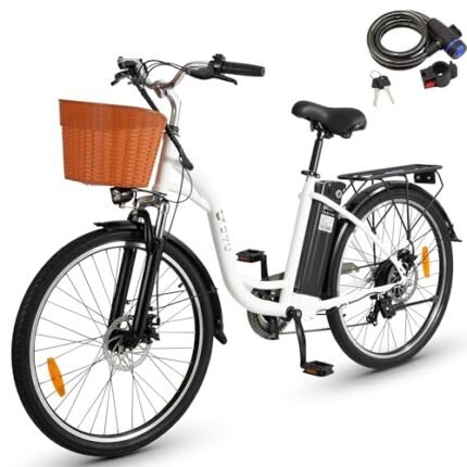 DYU Electric Bike, 26 Inch Smart Electric Bicycle with 6 Speed Shifting, 12.5Ah 36V Removable Battery, City Urben E-Bike with Basket, Adjustable Seat Height, Unisex Adults.