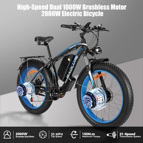 Version 1.0.0 2000W Dual Motor Fat Tire Ebike - 35MPH Electric Bike for Men Women, 48V 23Ah Removable Battery, 80 Miles Adults Electric Bicycle with 21 Speed Gears Lockable Suspension for Off-Road Mountain Snow. - Image 2
