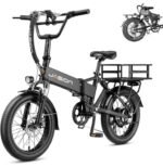 Jasion EB7 2.0 Electric Bike for Adults, 1200W Peak Motor 28MPH Max Speed Folding Ebike, 48V 10AH Removable Battery, 20" Fat Tire with Dual Suspension, 7-Speed Electric Bicycles, with Rear Basket.