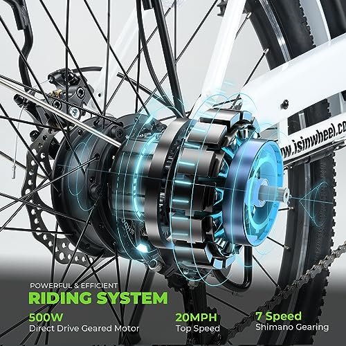 Version 1.0.0 isinwheel 26" Electric Cruiser Bike 500W Ebike, 36V 13Ah Removable Battery, Up to 55+ Miles, 20MPH Electric Bike for Adults, Professional 7 Speed E-Bike, Electric City Commuter Bicycle (White). - Image 3